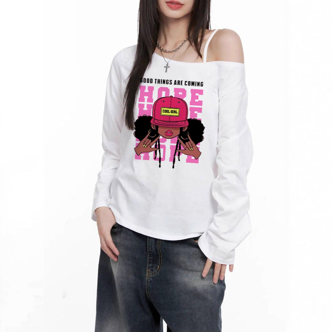 Damen nan lässiges Off-Shoulder Langarmshirt mit großflächigem Cartoon-Grafikprint und elastischem Baumwollmix Drune