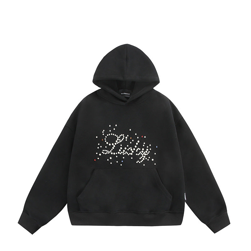 Unisex Oversize Kapuzenpullover mit Perlen‑ und Strassapplikation Drune