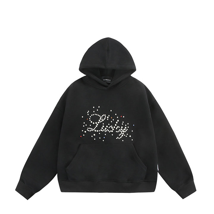 Unisex Oversize Kapuzenpullover mit Perlen‑ und Strassapplikation Drune