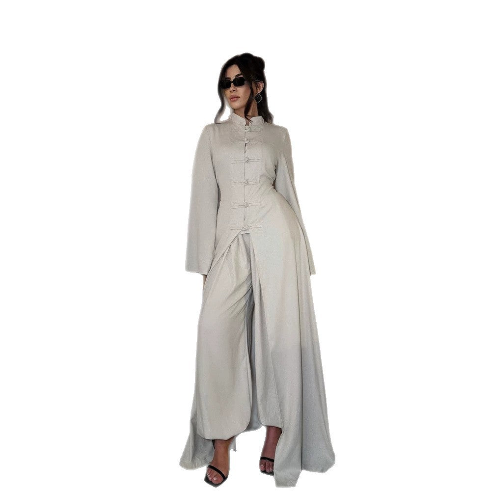 Damen Maxikleid mit Stehkragen, Mandarin-Knopfleiste und drapierter Rockpartie Drune