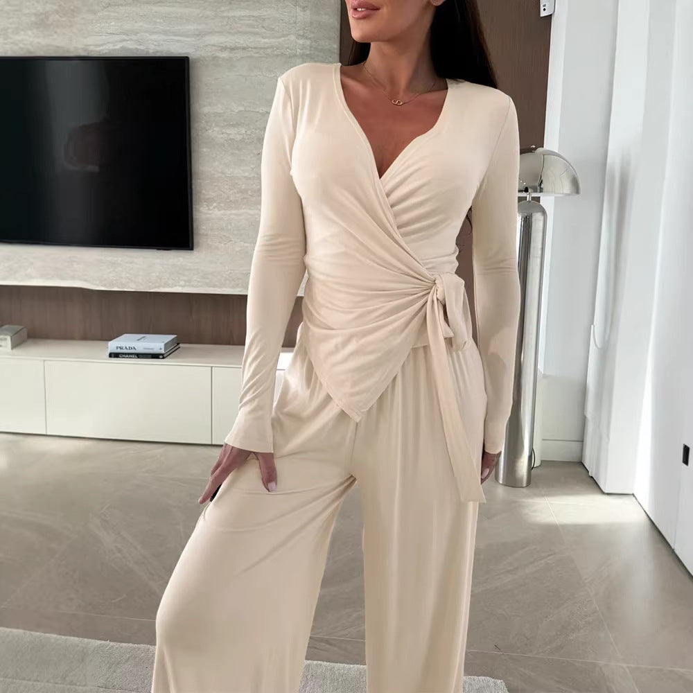 Damen Wickel-Jersey-Maxikleid mit V-Ausschnitt, Taillenband und weitem Palazzo-Rock Drune