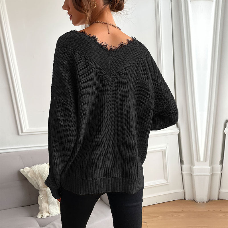 Damen Eleganter Strickpullover mit V-Ausschnitt und großem Muster Drune