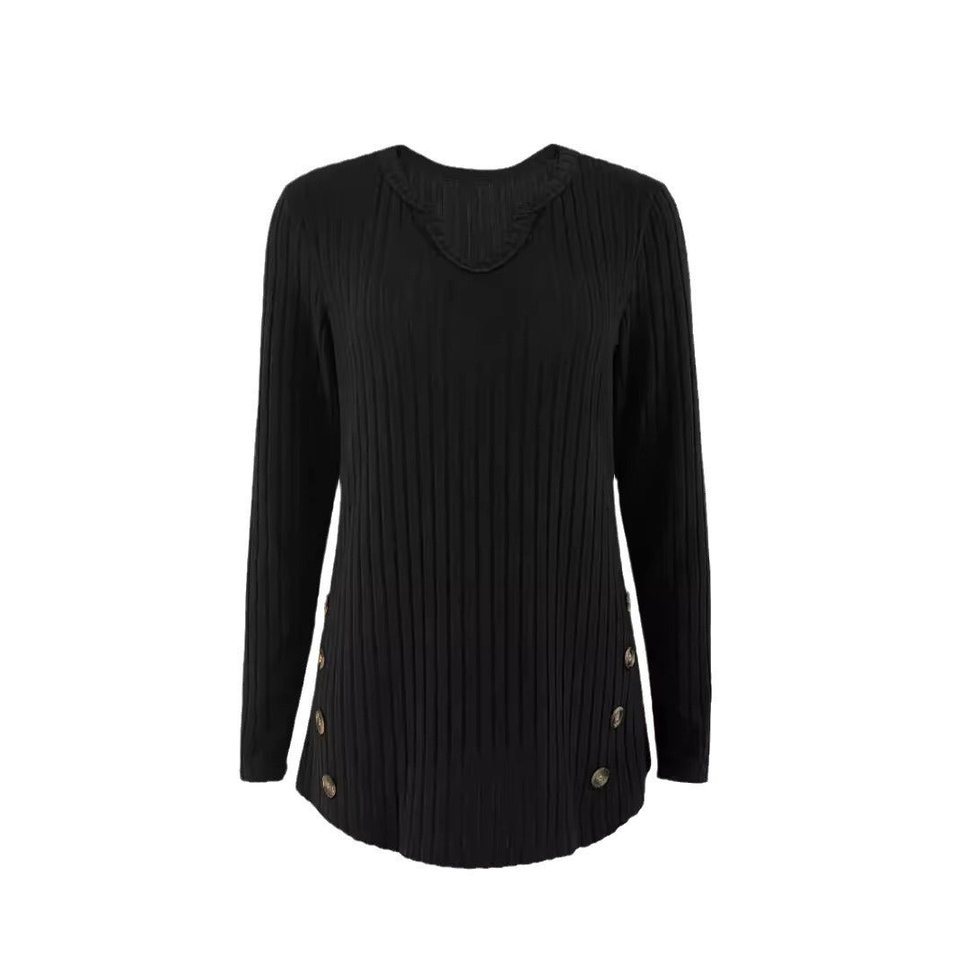 Damen Gerippter Feinstrickpullover mit V-Notch-Ausschnitt und seitlichen Zierknöpfen Drune