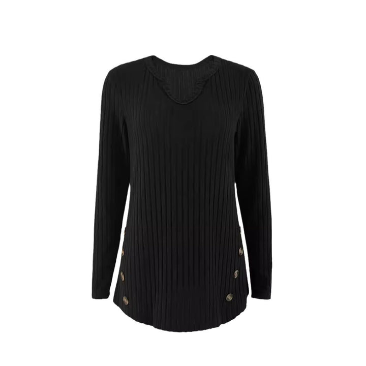 Damen Gerippter Feinstrickpullover mit V-Notch-Ausschnitt und seitlichen Zierknöpfen Drune
