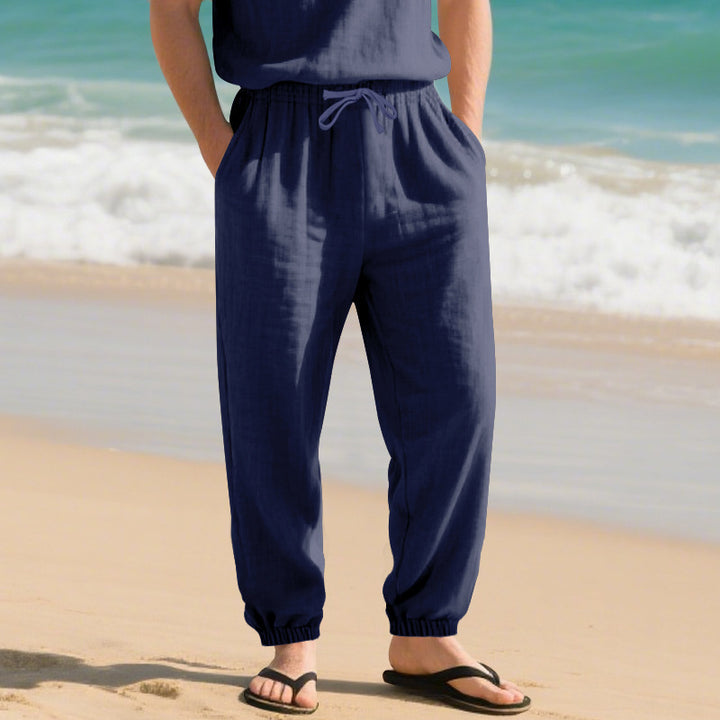 Herren nan leichte Leinenhose mit elastischem Tunnelzugbund, seitentaschen und gesmokten Bündchen Drune