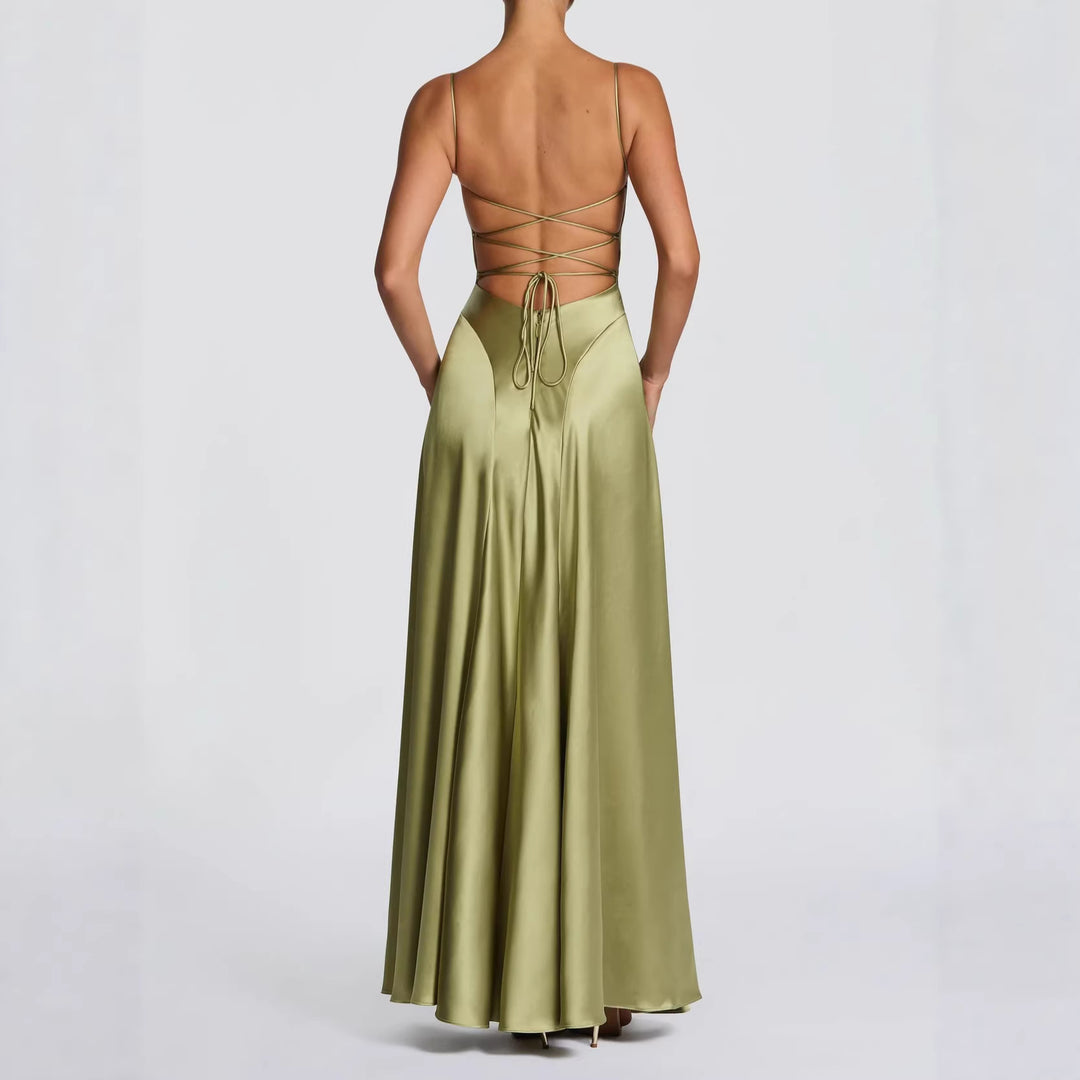 Damen Elegantes Maxi-Kleid mit fließendem Satin und verführerischem Spaghettiträger Drune