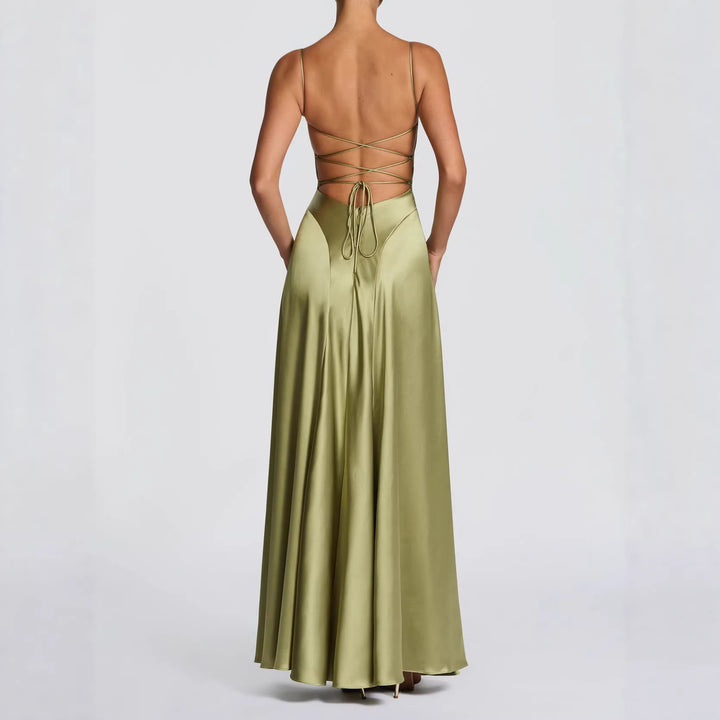 Damen Elegantes Maxi-Kleid mit fließendem Satin und verführerischem Spaghettiträger Drune