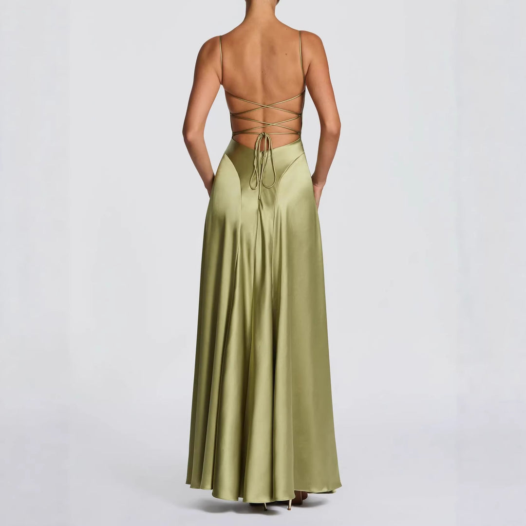 Damen Elegantes Maxi-Kleid mit fließendem Satin und verführerischem Spaghettiträger Drune
