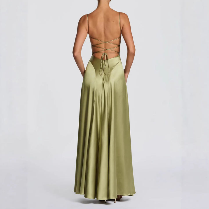 Damen Elegantes Maxi-Kleid mit fließendem Satin und verführerischem Spaghettiträger Drune