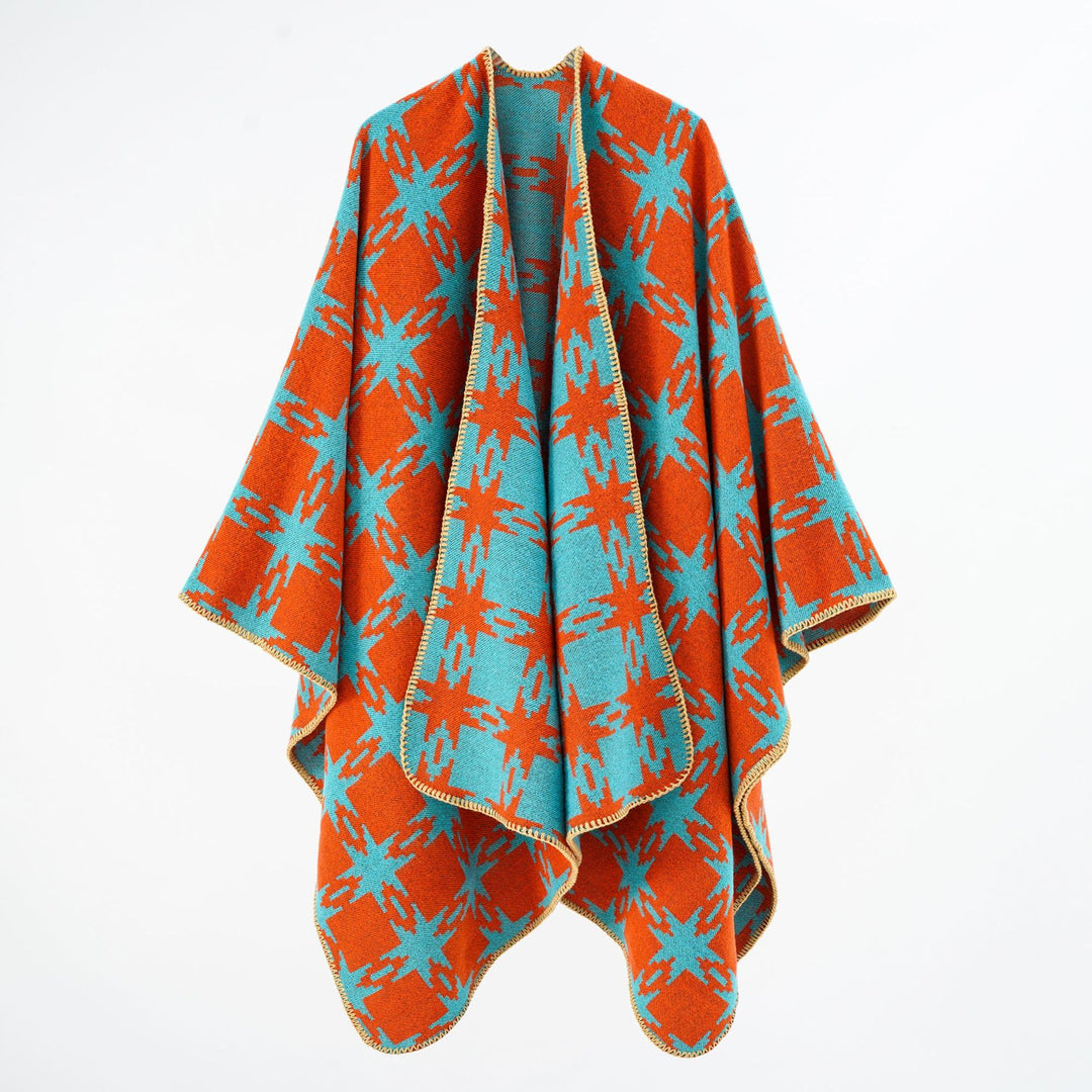 Damen Oversize-Jacquard-Cape mit Sternmotiv und kontrastierter Kettelkante Drune