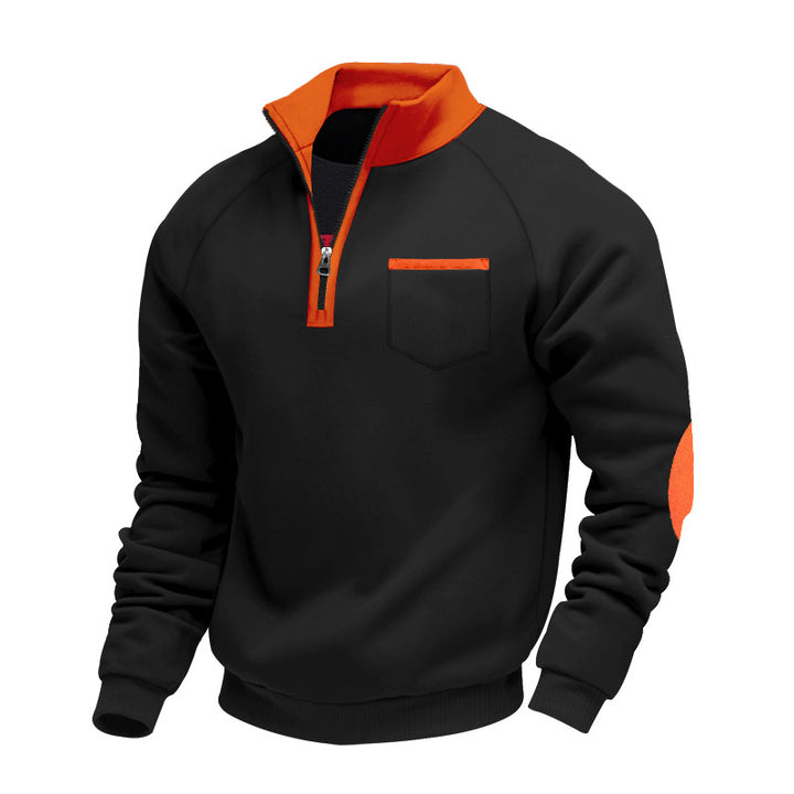 Herren Raglan-Halbzip-Sweatshirt mit Stehkragen, Brusttasche & Ellbogenapplikation Drune