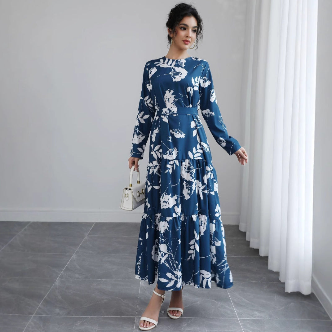 Damen Langes Blumen-Tiered-Maxikleid mit Taillengürtel & Rundhalsausschnitt Drune