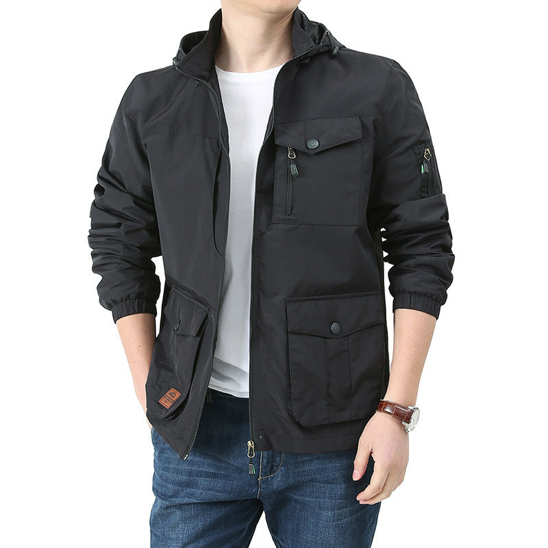 Herren wasserabweisende Kapuzen-Canvas-Fieldjacke mit verdecktem Zweiwege-Reißverschluss, elastischen Ärmelbündchen und Utility-Pattentaschen Drune