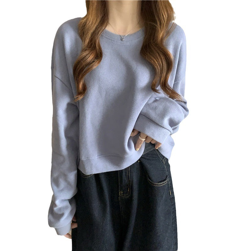 Damen lässiger cropped Pullover aus weichem Baumwollmix mit modischem Rundhalsausschnitt Drune