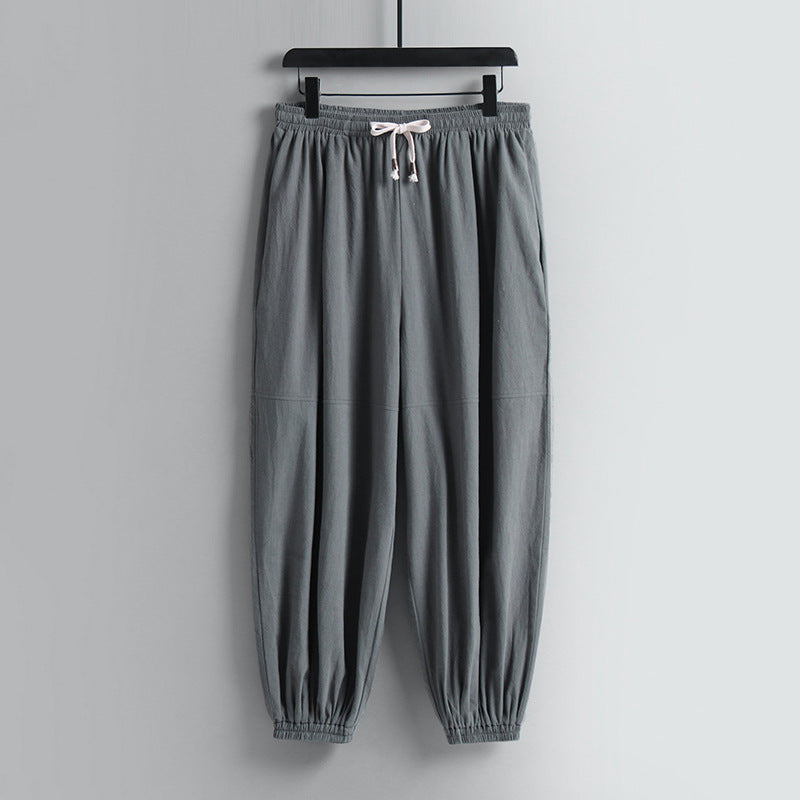 Damen weite Baumwoll-Leinen-Freizeithose mit Kordelzug und elastischen Knöchelbündchen Drune