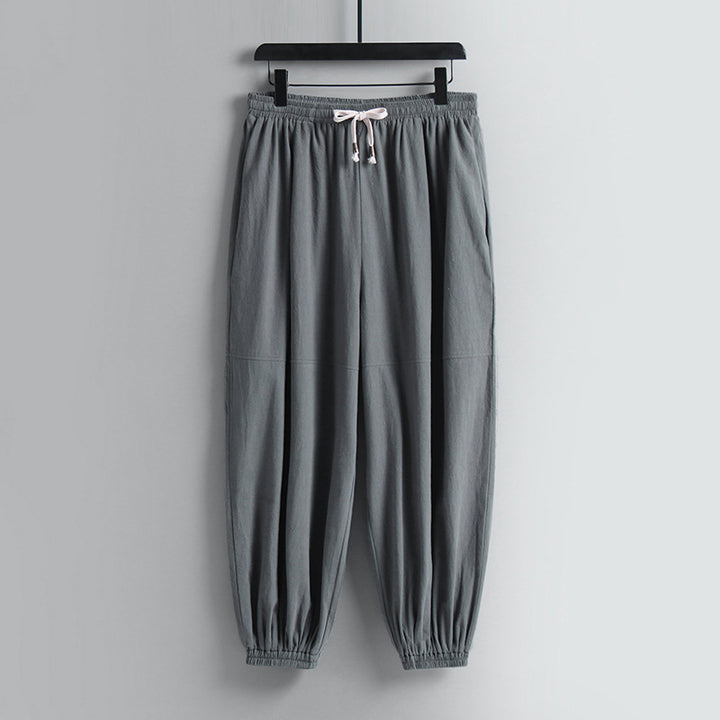 Damen weite Baumwoll-Leinen-Freizeithose mit Kordelzug und elastischen Knöchelbündchen Drune