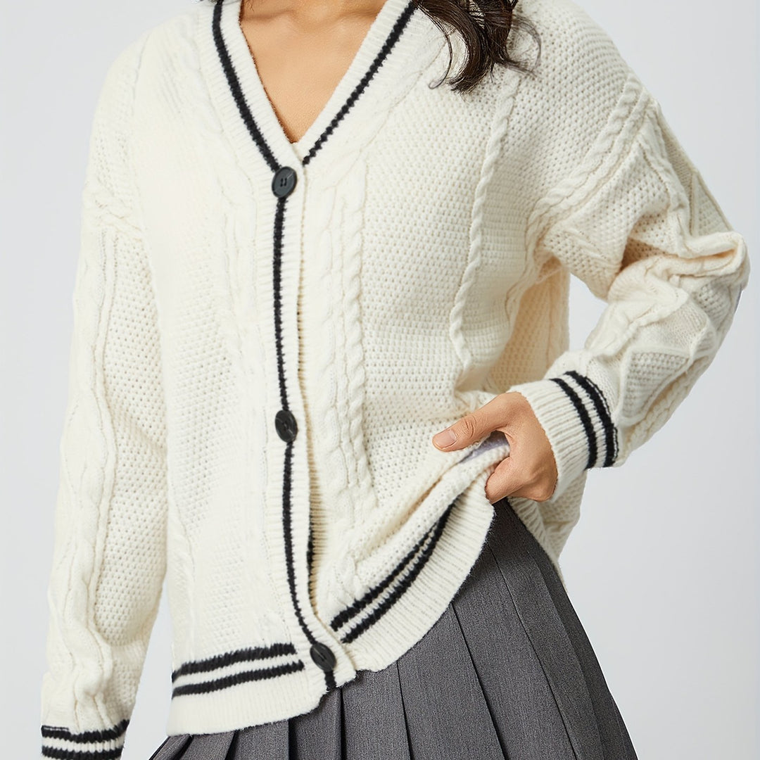 Damen nan oversized Zopfstrick Cardigan mit V-Ausschnitt und kontrastierenden Strickkanten Drune