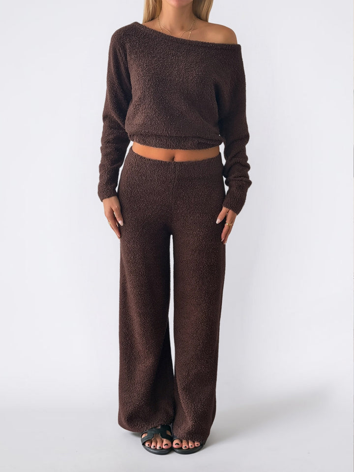 Damen nan kuscheliges Bouclé-Lounge-Set mit One-Shoulder-Crop-Pullover und Highwaist Palazzo-Hose Drune