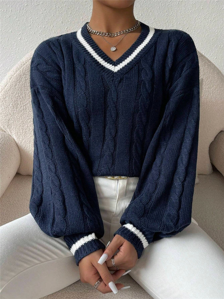 Damen Strickpullover mit modischem V-Ausschnitt und elegantem Zopfmuster Drune