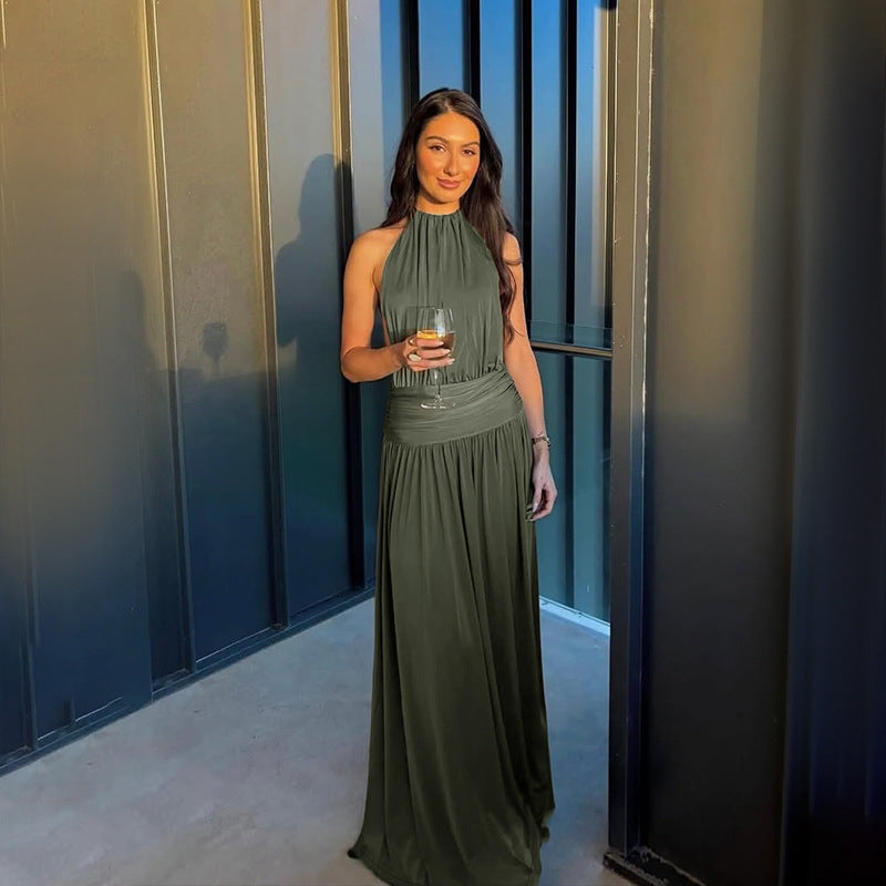 Damen Elegantes Maxikleid mit hohem Kragen und fließendem Stoff Drune