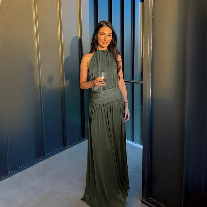 Damen Elegantes Maxikleid mit hohem Kragen und fließendem Stoff Drune