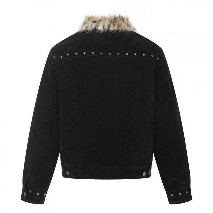 Herren Kurzjacke aus Velourslederimitat mit Kunstfellkragen und Nieten-Details Drune