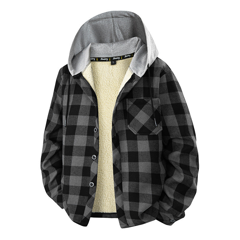 Herren kariertes Sherpa-gefüttertes Overshirt mit Kapuze, Brusttasche und Druckknopfverschluss Drune