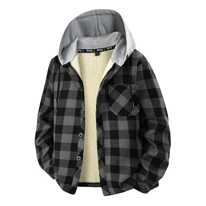Herren kariertes Sherpa-gefüttertes Overshirt mit Kapuze, Brusttasche und Druckknopfverschluss Drune