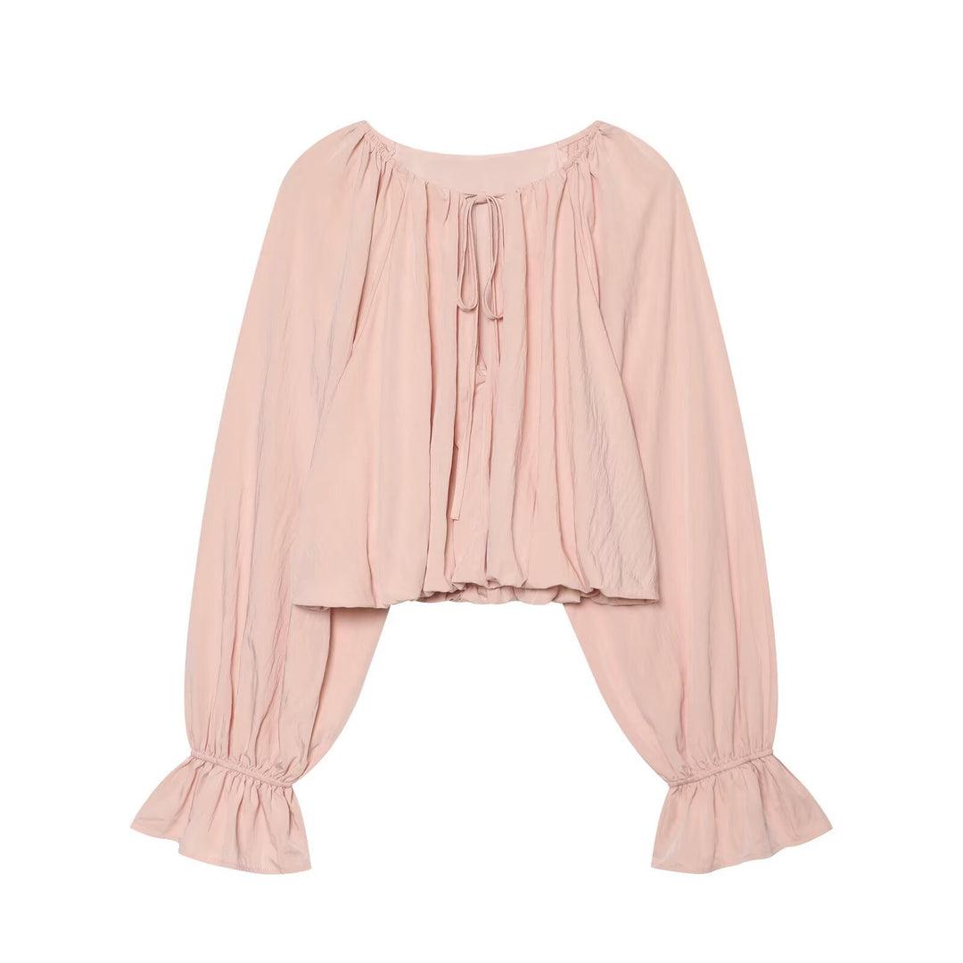 Damen Kurze Bluse im Boho‑Stil mit Tunnelzug, Volantärmeln und gerafftem Saum Drune