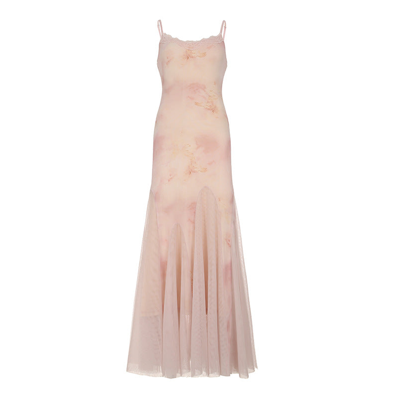 Damen elegantes Maxikleid aus transparenter Spitze und floralem Design Drune