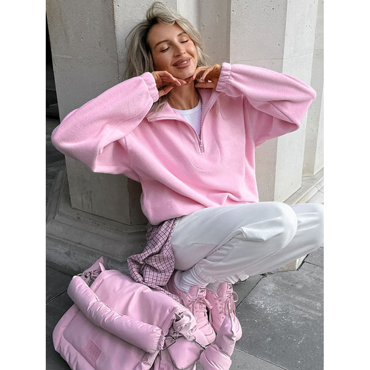 Damen Oversized Fleecepullover mit halbem Reißverschluss und Stehkragen Drune