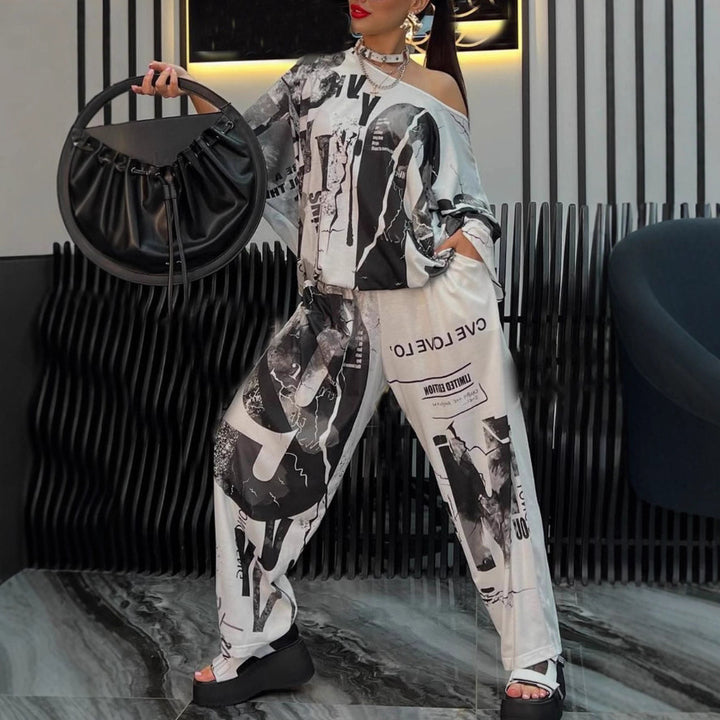 Damen nan zweiteiliges weites Satin-Freizeit-Set mit schulterfreiem Fledermaus-Top und Palazzohose Drune