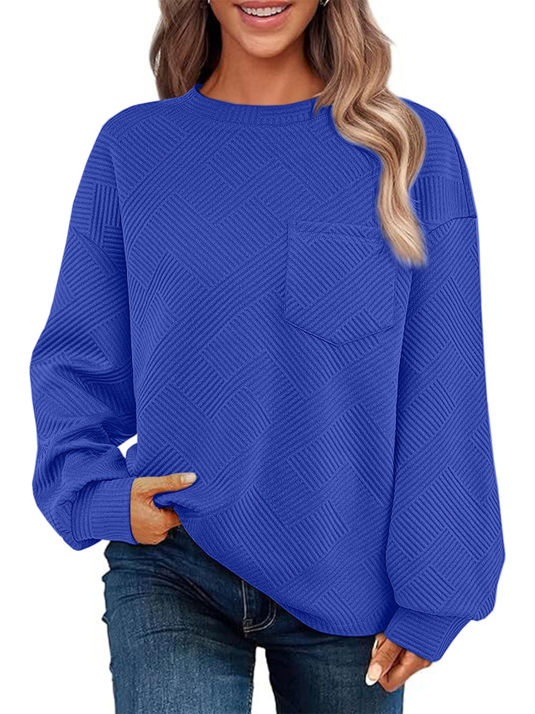 Damen Oversize Strukturstrick-Pullover mit Brusttasche Drune