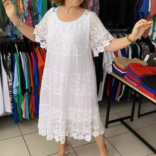 Damen nan mehrlagiges Spitzen-Midikleid mit plissierten Einsätzen und Volantärmeln Drune