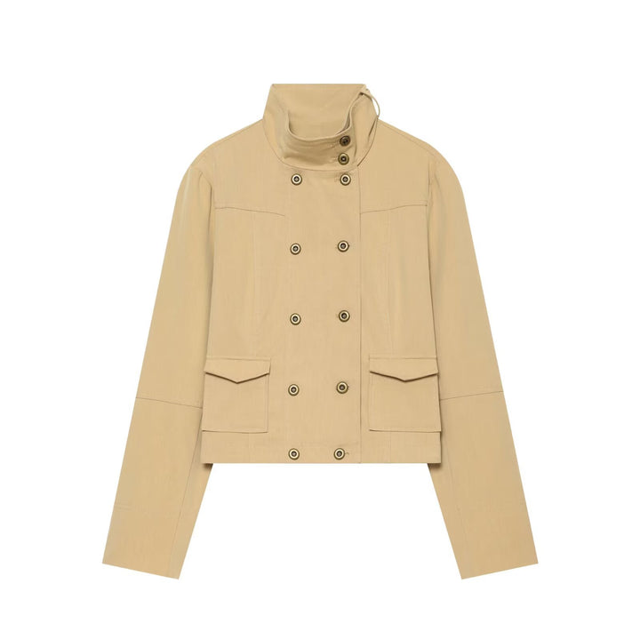 Damen Kurzgeschnittene doppeltreihige Utility-Jacke mit hohem Stehkragen Drune