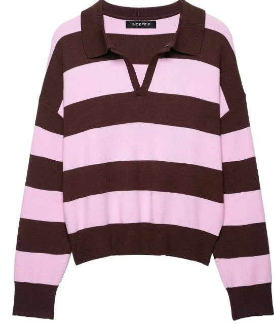 Damen Cropped Rugby-Strickpullover mit Kentkragen und V‑Ausschnitt Drune