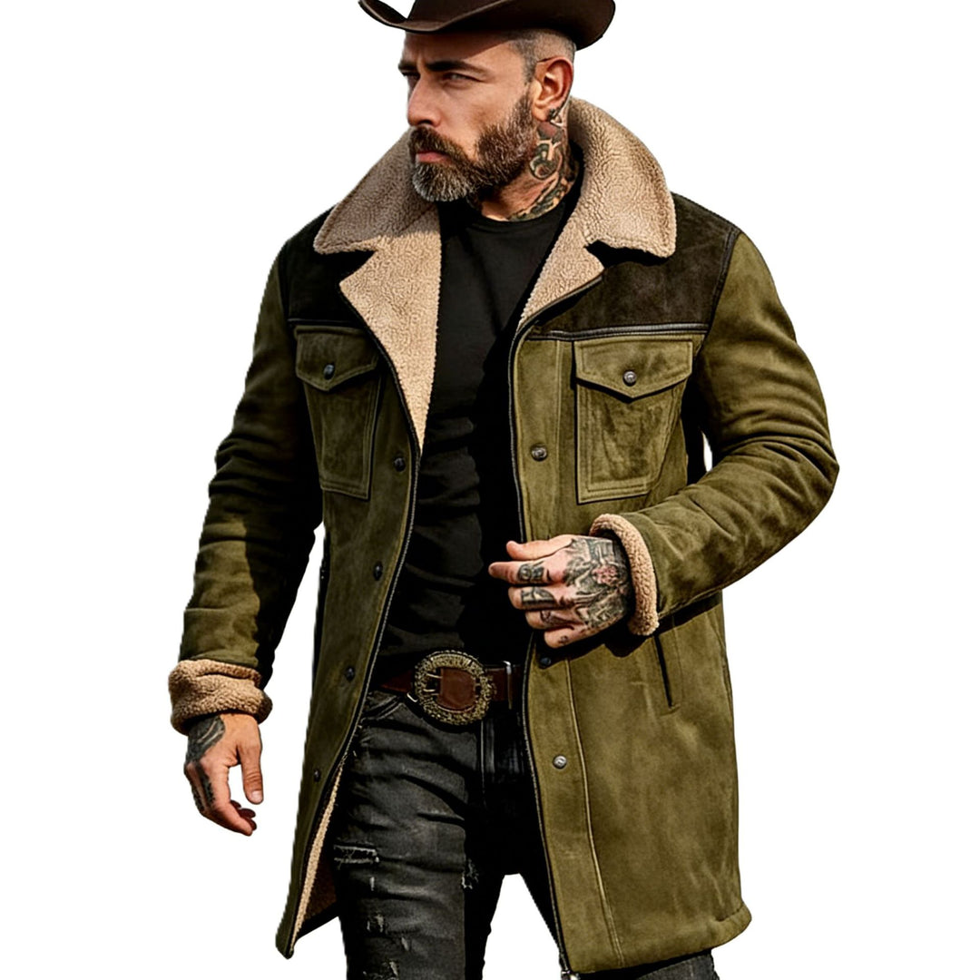 Herren Langer Veloursledermantel mit Teddyfutter und Pattentaschen Drune