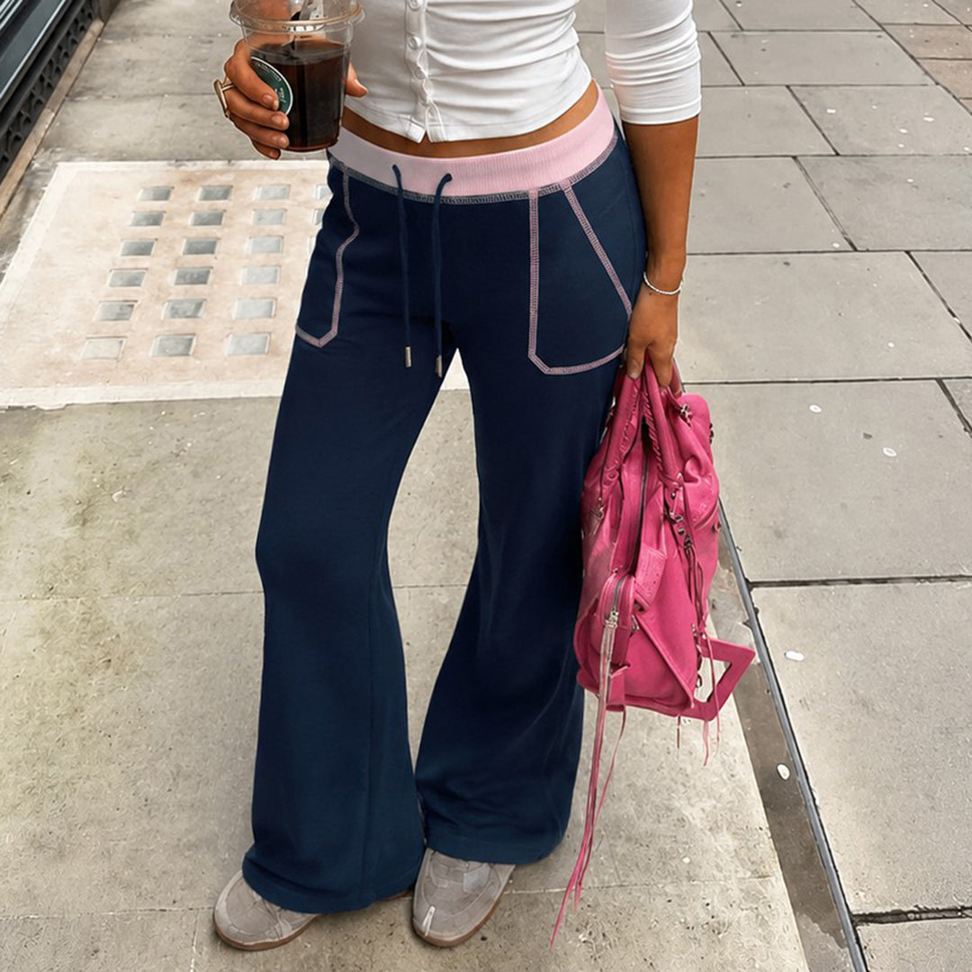 Damen Weite Lounge-Hose mit hohem Elastikbund, Kordelzug und Kontrastpaspel Drune
