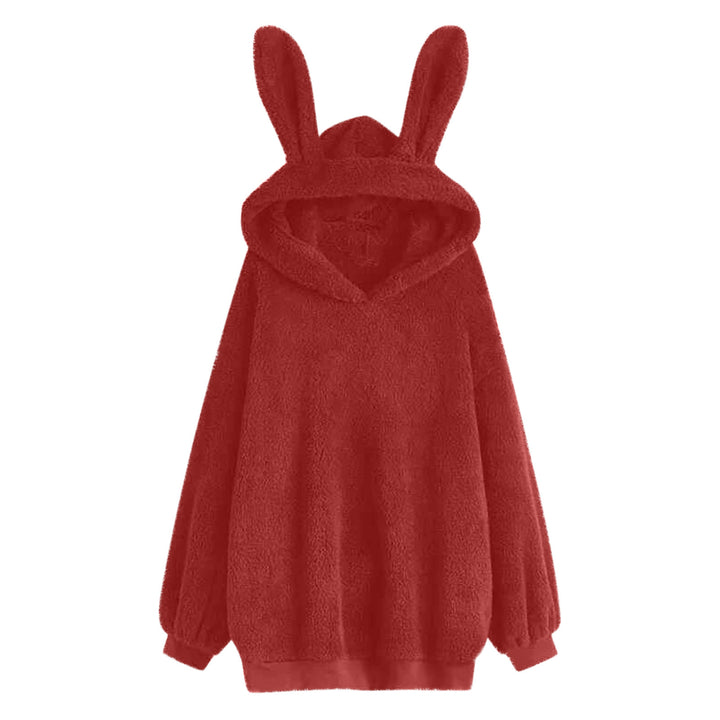 Damen nan flauschiger Oversize-Kapuzenpullover mit langen Hasenohren und gerippten Bündchen Drune