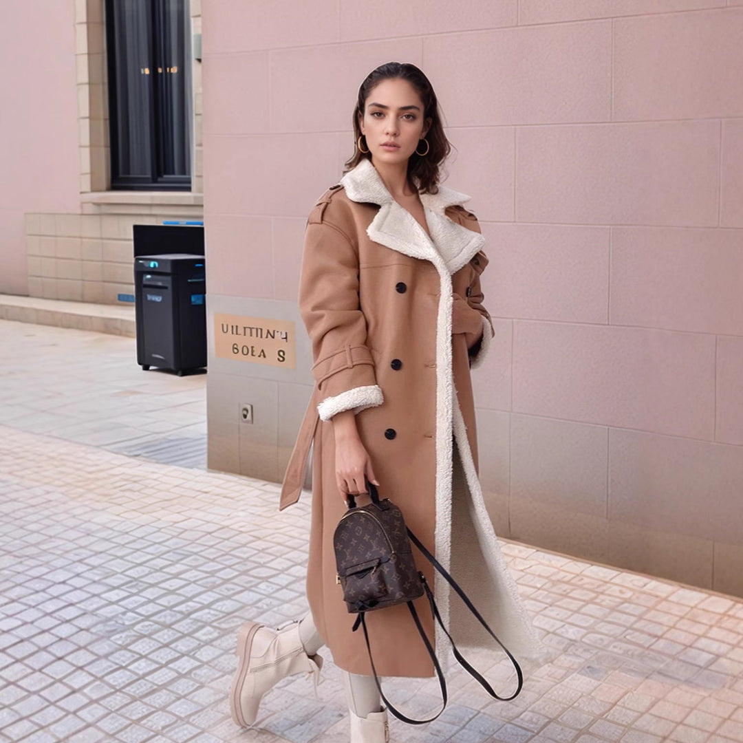Damen Langer Mantel im Trenchstil mit Teddyfutter und taillierter Silhouette Drune