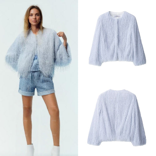 Damen Flauschige Fransenjacke mit Rundhalsausschnitt und Boxy-Schnitt Drune