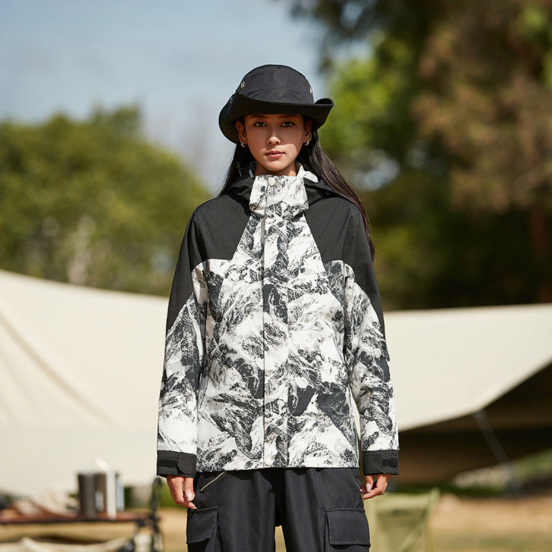 Damen Wasserfeste Outdoorjacke mit Kapuze und markantem Bergprint Drune