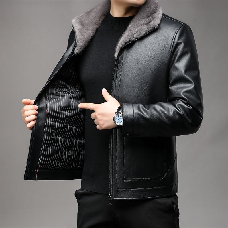 Herren Lederimitatjacke mit Teddyfellkragen und wärmendem Thermofutter Drune