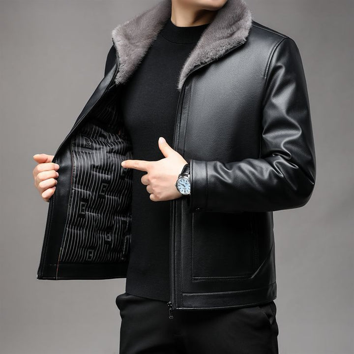 Herren Lederimitatjacke mit Teddyfellkragen und wärmendem Thermofutter Drune