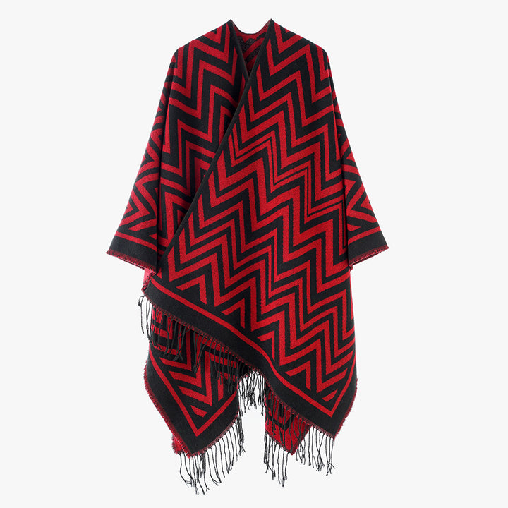 Damen Oversize-Umhang mit grafischem Zickzackmuster und langen Fransen Drune