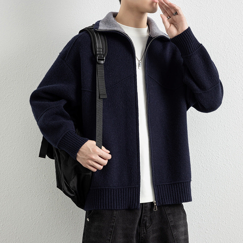 Herren Strick-Zipjacke mit Kontrastkragen und Rippbündchen Drune