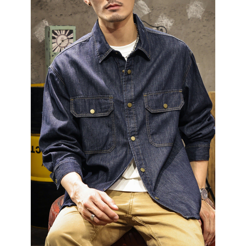 Herren Jeans-Worker-Hemdenjacke mit Druckknopfleiste und Overshirt-Schnitt Drune