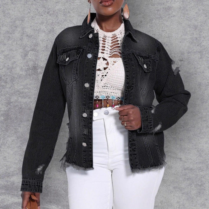 Damen Distressed Denimjacke mit ausgefranstem Saum und Relaxed-Fit Drune