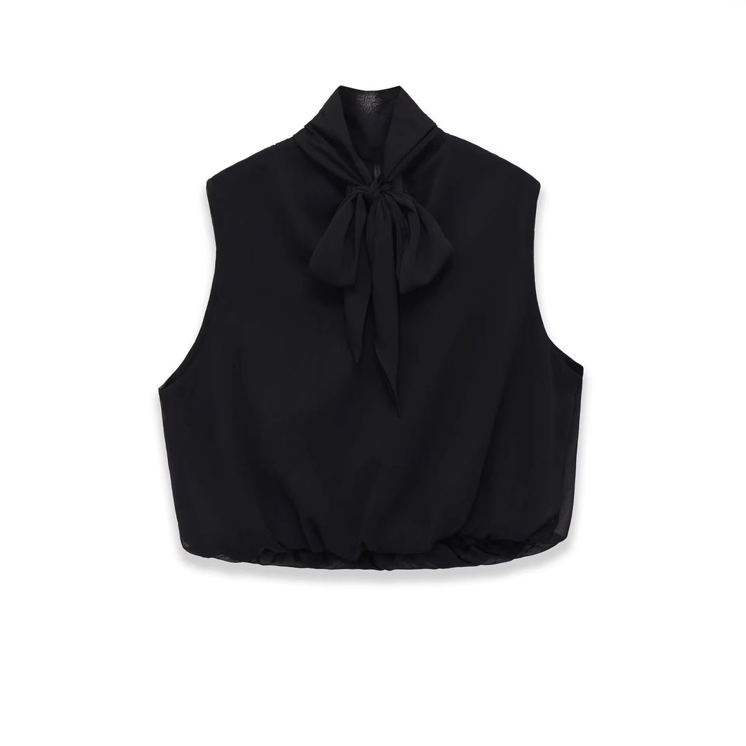 Damen Ärmellose Chiffonbluse mit Schleifenkragen und elastischem Saum Drune