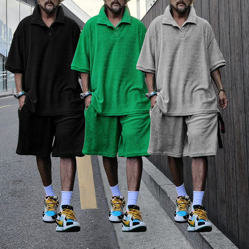 Herren nan urbanes weites Freizeit-Set mit Henley-Kragen, verlängertem weit geschnittenem Shirt und knielangen Jersey-Shorts Drune